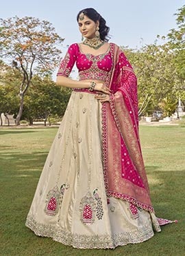 Cream Tissue Zari Embroidered Sequins Beads Work Jacquard Lehenga