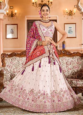 Cream Tissue Zari Embroidered Sequins With Stone Work Lehenga