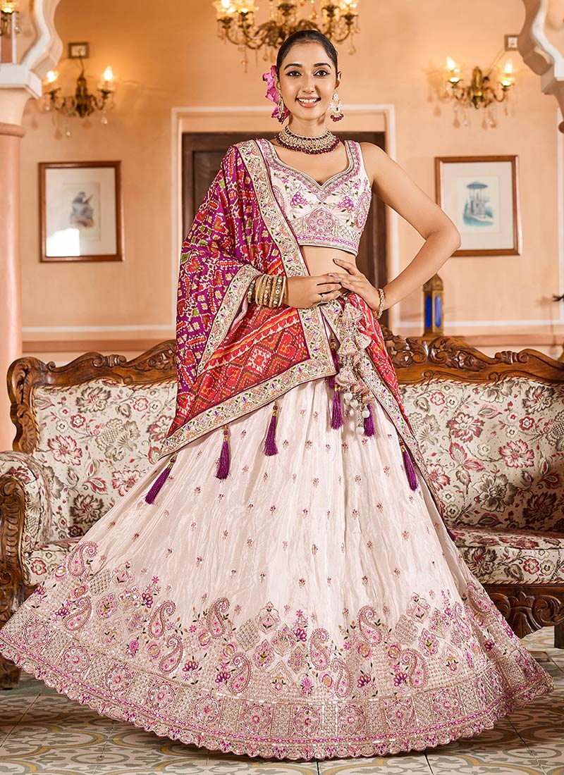 Cream Tissue Zari Embroidered Sequins With Stone Work Lehenga Wedding Wear