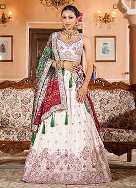 Cream Tissue Zari Embroidered Sequins With Stone Work Lehenga