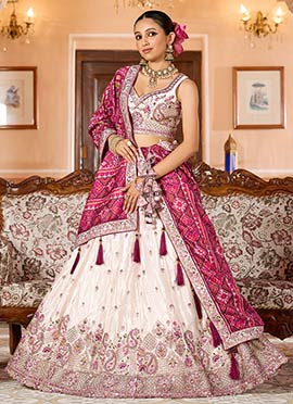 Cream Tissue Zari Embroidered Sequins With Stone Work Lehenga