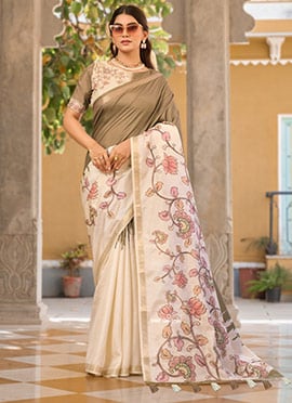Cream Tussar Silk Digital Printed Saree