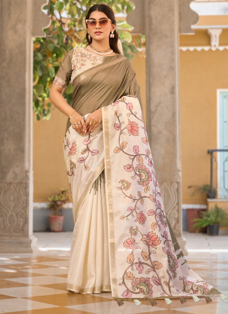 Cream Tussar Silk Digital Printed Saree After Six Wear