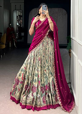 Cream Tussar Silk Kalamkari Print Lehenga