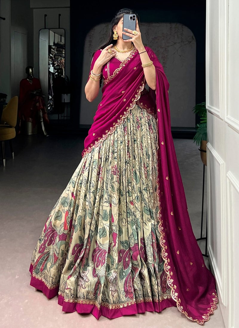 Cream Tussar Silk Kalamkari Print Lehenga Festive Wear
