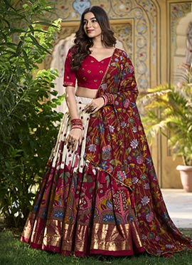 Cream Tussar Silk Kalamkari Printed Gorgeous Lehenga Festive Wear