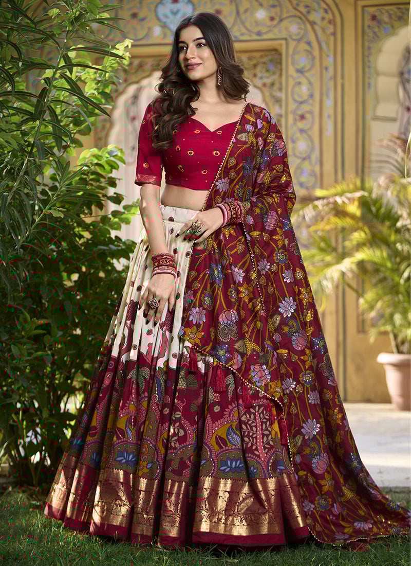 Cream Tussar Silk Kalamkari Printed Gorgeous Lehenga