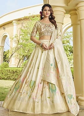 Cream Tusser Silk Sequins Zari Cutdana Banarasi Style Bird Motif Print Lehenga