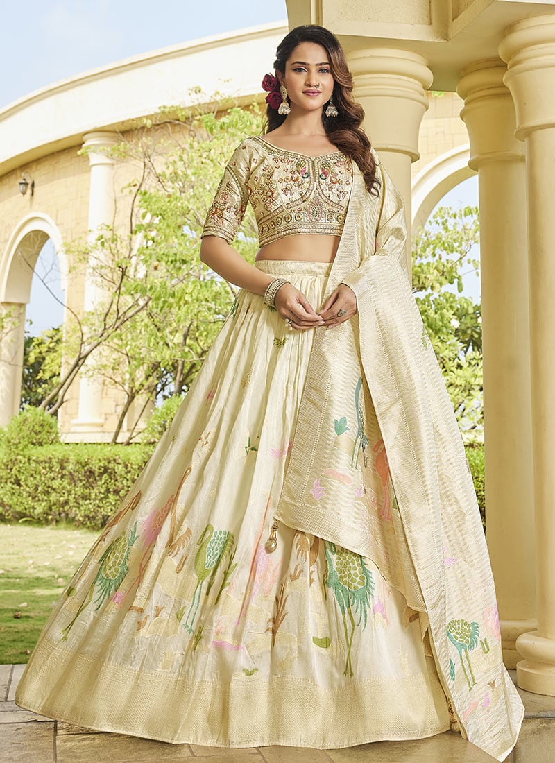Cream Tusser Silk Sequins Zari Cutdana Banarasi Style Bird Motif Print Lehenga Wedding Wear