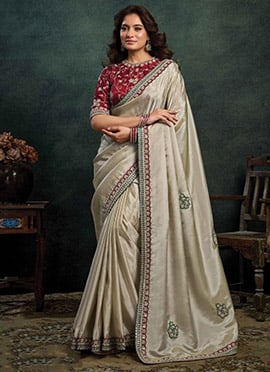 Cream Upada Silk Sequins Moti Stones Hand Embroidered Saree