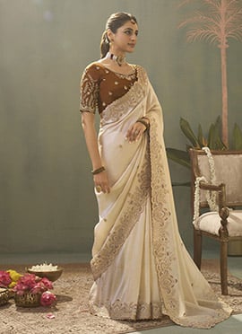 Cream Upada Silk Zari Sequins Embroidered Saree