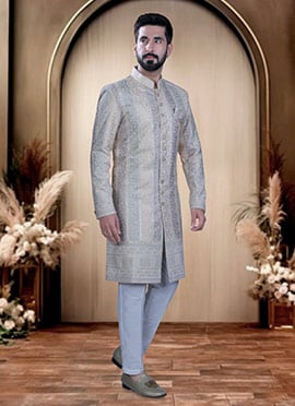 Cream Velvet Embroidered Sequins Indowestern Sherwani  For Men