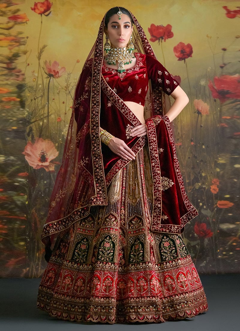 Cream Velvet Zari Embroidered Sequins With Stone Work Lehenga With Dual Dupatta Wedding Wear-GHSLI26111002