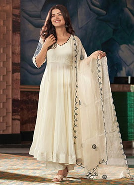 Cream Vichitra Silk Embroidered Anarkali Suit