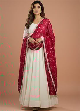 Cream Vichitra Silk Embroidered Anarkali Suit