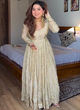 Cream Vichitra Silk Embroidered Anarkali Suit