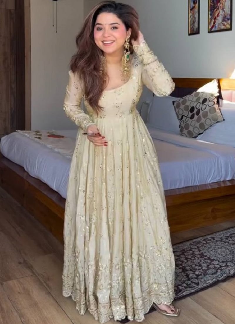 Cream Vichitra Silk Embroidered Anarkali Suit After Six Wear