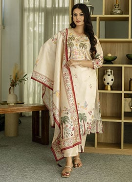 Cream Vichitra Silk Embroidered Beads Printed Straight Pant Suit