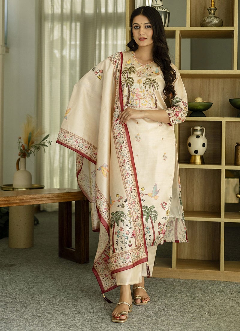 Cream Vichitra Silk Embroidered Beads Printed Straight Pant Suit After Six Wear