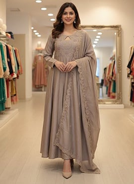 Cream Vichitra Silk Embroidered Sequins Anarkali Suit