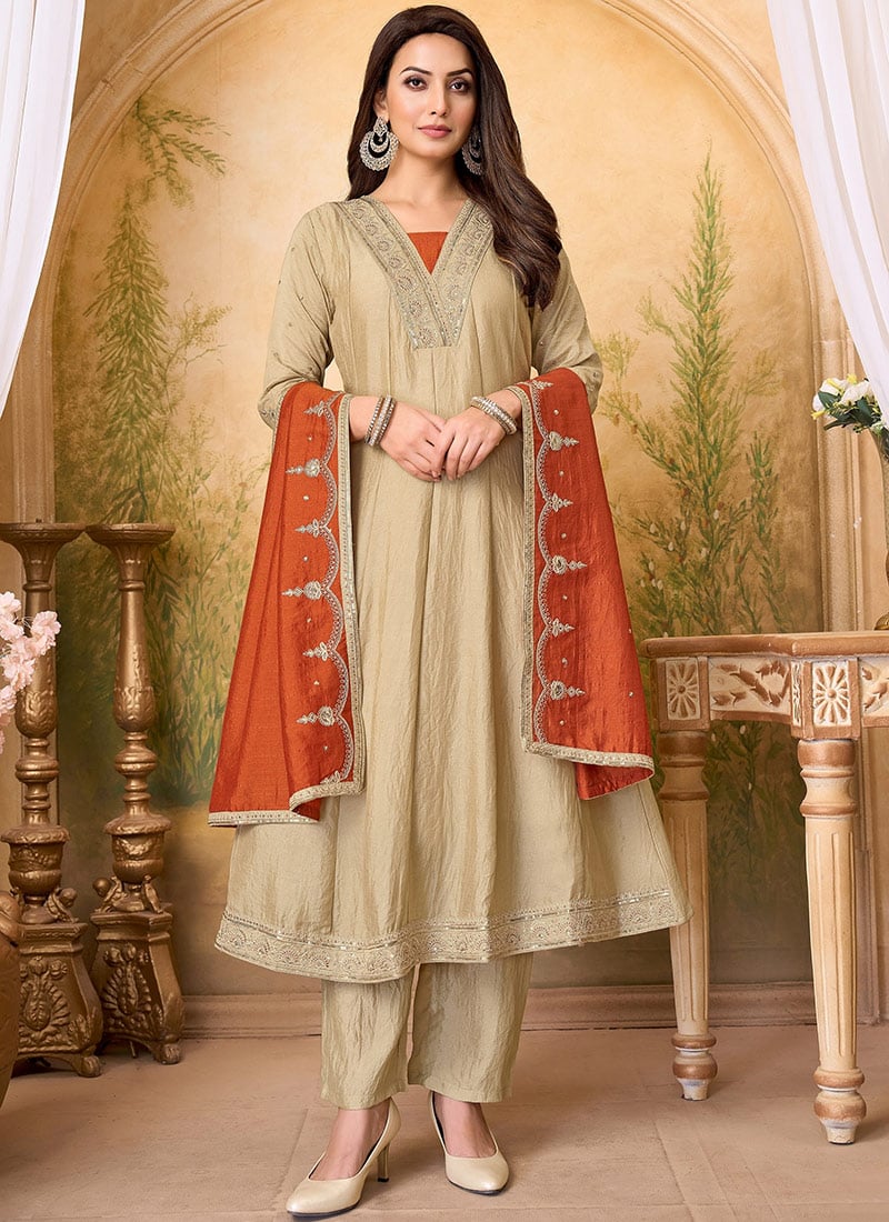 Cream Vichitra Silk Embroidered Sequins Anarkali Suit Festive Wear