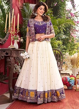 Cream Vichitra Silk Embroidered Sequins Indowestern Jacket Skirt Set