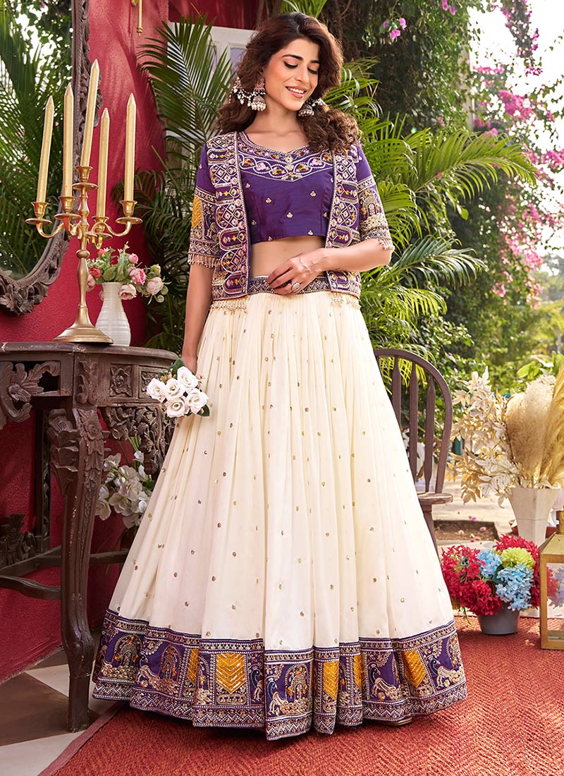 Cream Vichitra Silk Embroidered Sequins Indowestern Jacket Skirt Set Wedding Wear