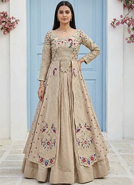 Cream Vichitra Silk Embroidered Sequins Long Choli Lehenga Set