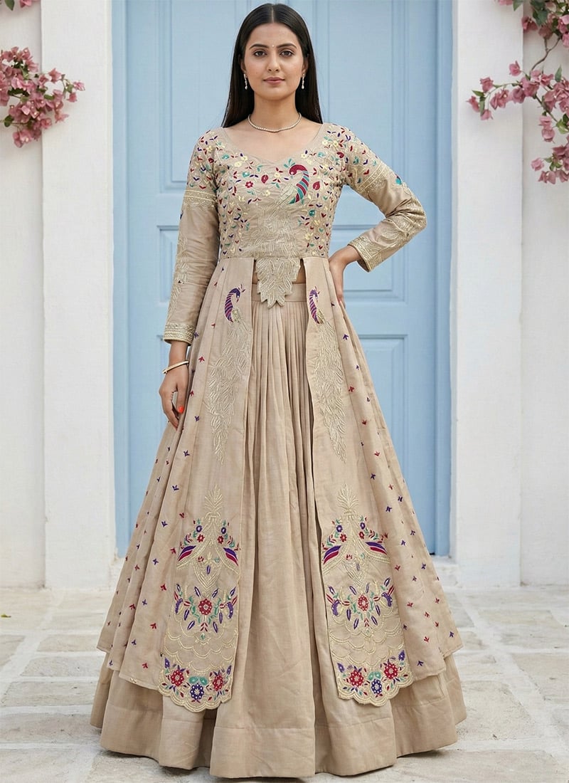 Cream Vichitra Silk Embroidered Sequins Long Choli Lehenga Set Festive Wear
