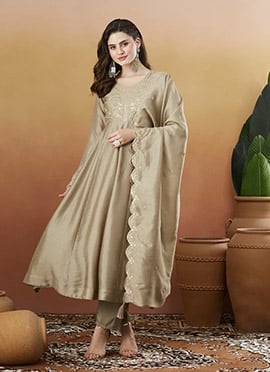 Cream Vichitra Silk Embroidered Sequins Straight Pant Suit