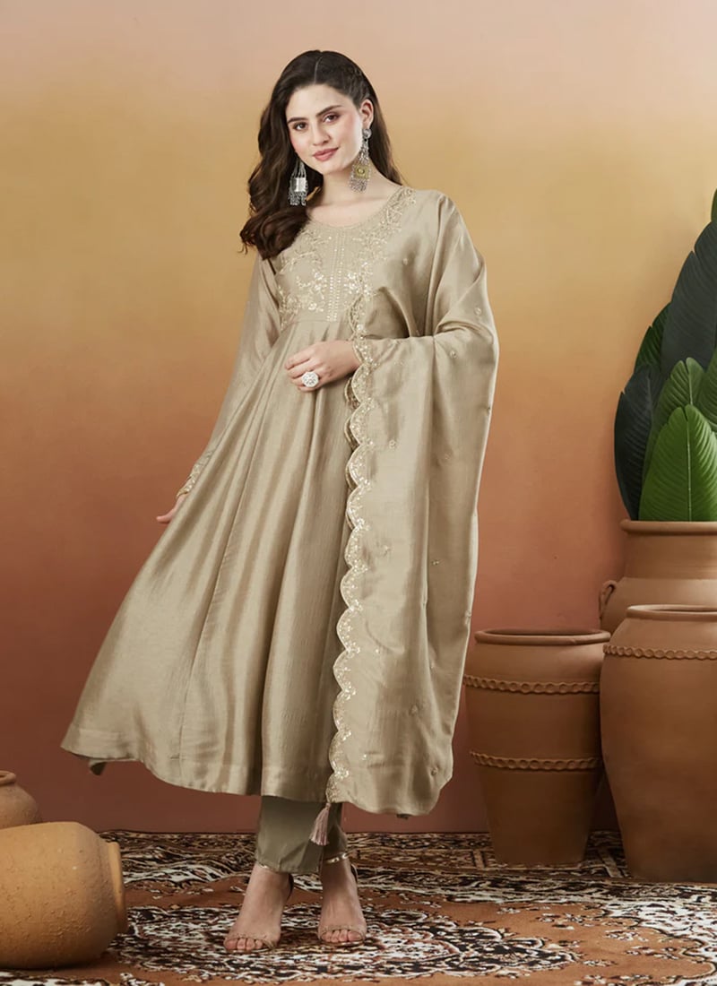 Cream Vichitra Silk Embroidered Sequins Straight Pant Suit After Six Wear