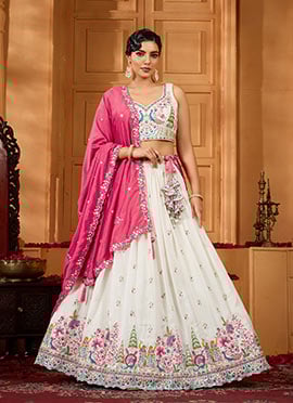 Cream Vichitra Silk Sequins Stones Embroidered Cut Work Umbrella Lehenga Wedding Wear