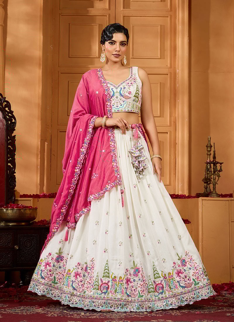 Cream Vichitra Silk Sequins Stones Embroidered Cut Work Umbrella Lehenga