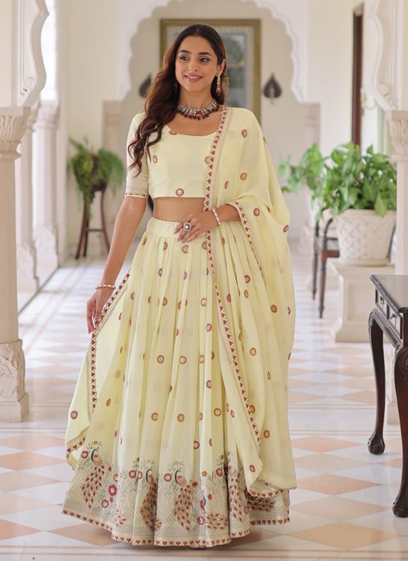 Cream Vichitra Silk Zari Embroidered Sequins Lehenga Wedding Wear