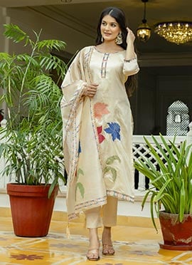 Cream Viscose Assam Silk Embroidered Straight Pant Suit