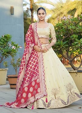 Cream Viscose Banarasi Zari Gota Embroidered Lehenga Wedding Wear