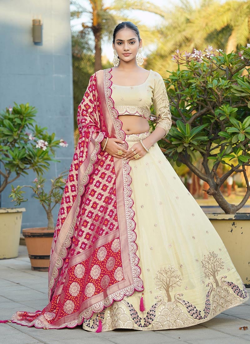 Cream Viscose Banarasi Zari Gota Embroidered Lehenga