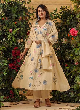 Cream Viscose Chanderi Embroidered Anarkali Suit