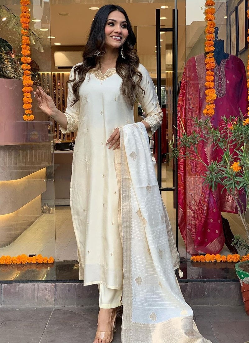 Cream Viscose Chanderi Embroidered Straight Pant Suit After Six Wear