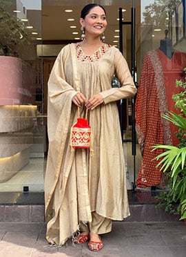 Cream Viscose Chanderi Silk Embroidered Sequins Anarkali Suit