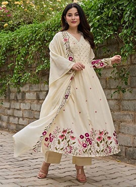 Cream Viscose Chanderi Silk Embroidered Sequins Straight Pant Suit