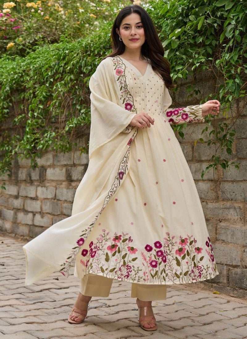 Cream Viscose Chanderi Silk Embroidered Sequins Straight Pant Suit After Six Wear