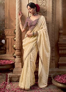 Cream Viscose Crepe Zari Embroidered Sequins Saree