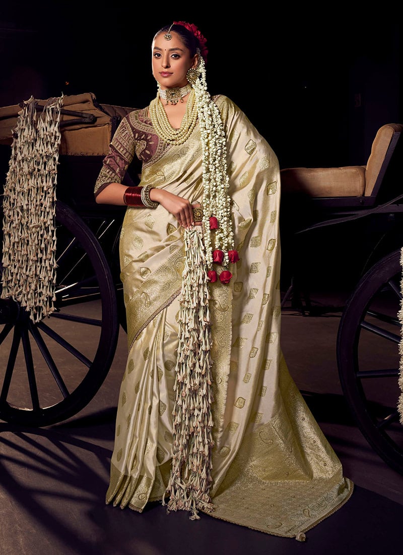 Cream Viscose Crepe Zari Hand Embroidered Sequins With Beads Work Saree Wedding Wear