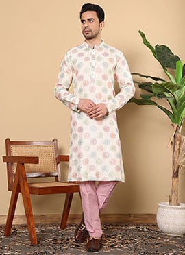 Cream Viscose Dupion Silk Embroidered Kurta For Men