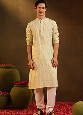 Cream Viscose Embroidered Kurta Pyjama