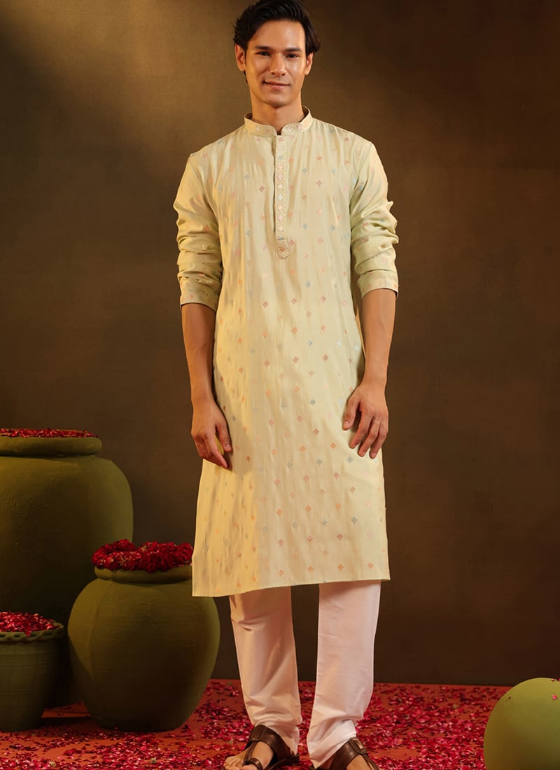Cream Viscose Embroidered Kurta Pyjama Festive Wear