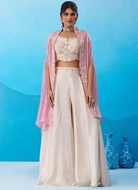 Cream Viscose Embroidered Sequins With Beads Work Jacket Palazzo Crop Top Set