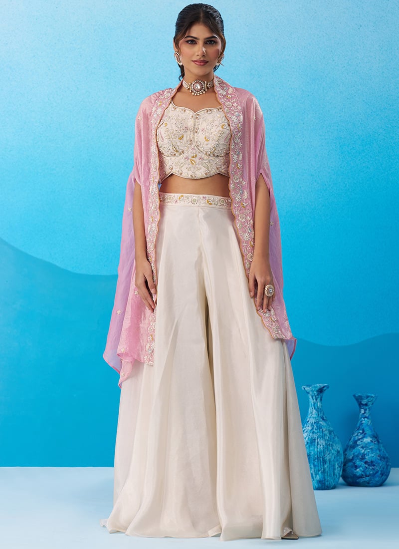 Cream Viscose Embroidered Sequins With Beads Work Jacket Palazzo Crop Top Set Wedding Wear