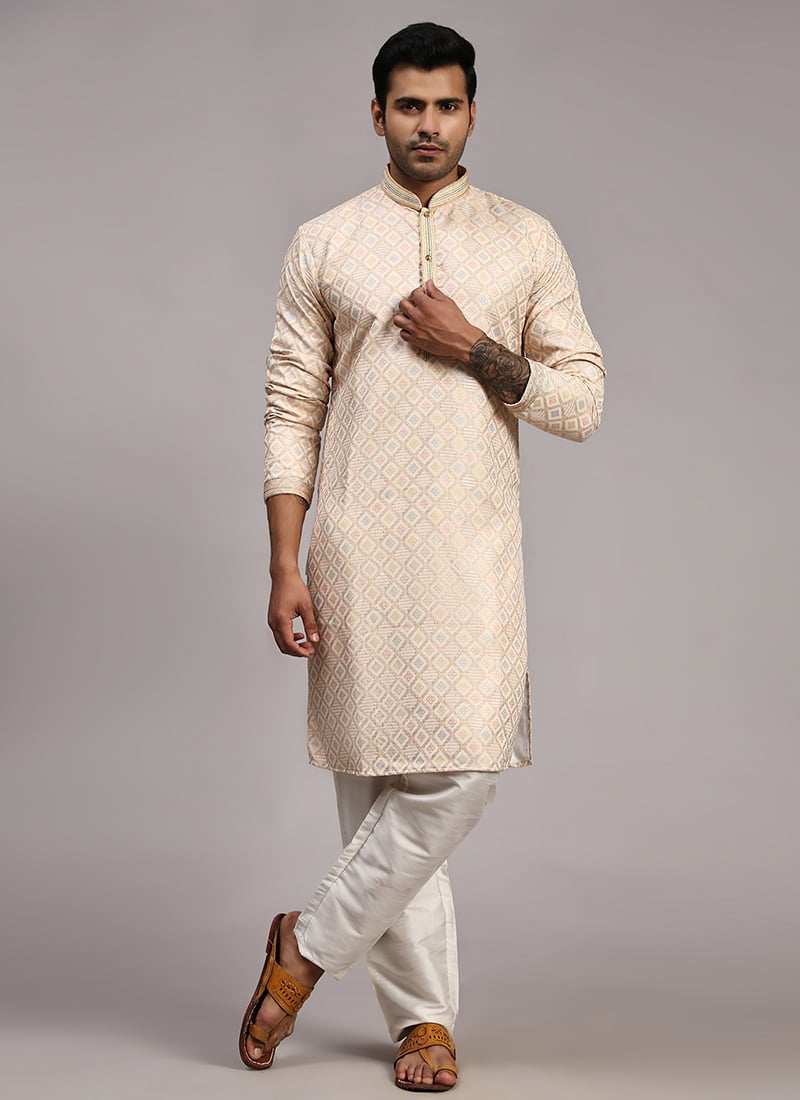 Cream Viscose Jacquard Kurta